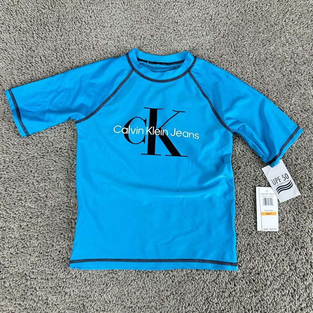 Calvin Klein Rash Guard Boys 7 Blue Black Logo Swim Shirt Bathing Suit Kids *